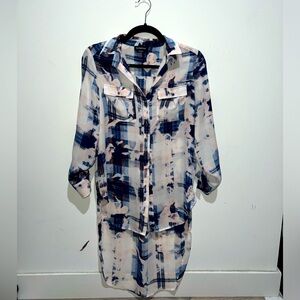 Bebe long blouse. Blue, white, pink top